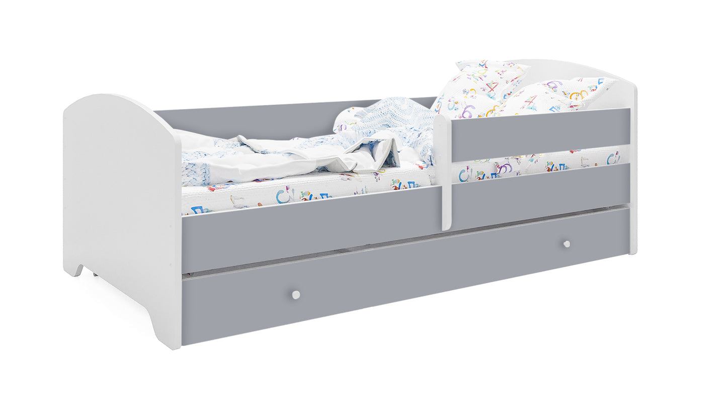 Lit enfant 70x140 | 80x160 cm avec matelas et tiroir, protection antichute &amp; sommier à lattes en blanc et avec motifs (pompiers, police, princesse, dinosaure...) pour garçons et filles