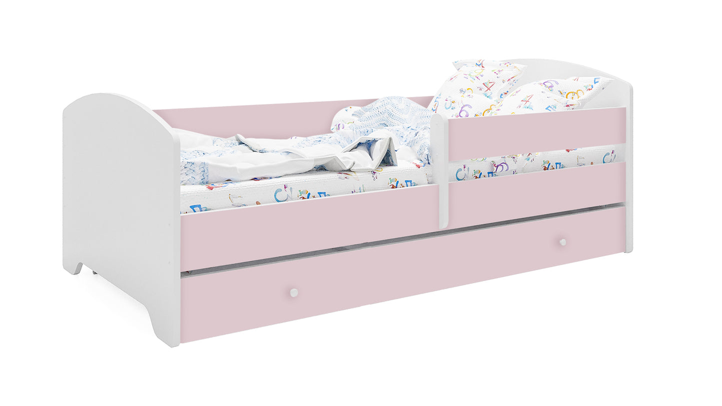 Lit enfant 70x140 | 80x160 cm avec matelas et tiroir, protection antichute &amp; sommier à lattes en blanc et avec motifs (pompiers, police, princesse, dinosaure...) pour garçons et filles