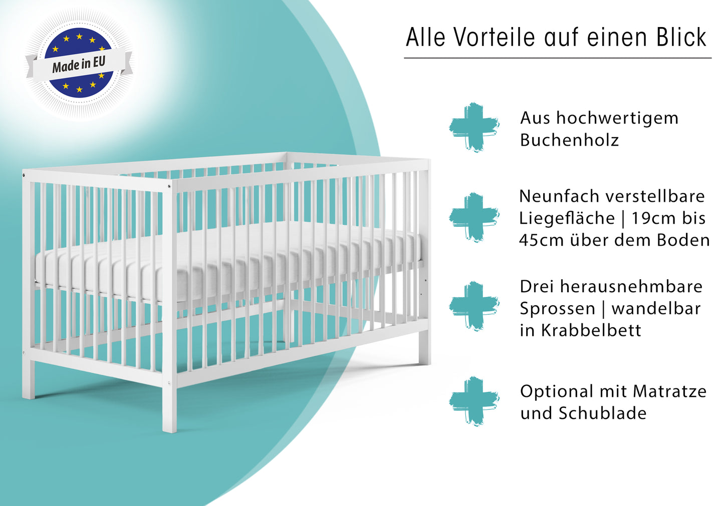 Babybett Kinderbett Gitterbett 60x120 | 70 x 140 cm höhenverstellbar & herausnehmbare Sprossen, optional mit Schublade und Matratze | Buchenholz weiss oder natur sehr stabil Made in Europe