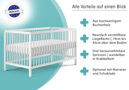 Babybett Kinderbett Gitterbett 60x120 | 70 x 140 cm höhenverstellbar & herausnehmbare Sprossen, optional mit Schublade und Matratze | Buchenholz weiss oder natur sehr stabil Made in Europe