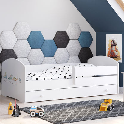 Lit enfant 70x140 | 80x160 cm avec matelas et tiroir, protection antichute &amp; sommier à lattes en blanc et avec motifs (pompiers, police, princesse, dinosaure...) pour garçons et filles