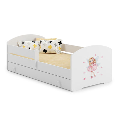 Lit enfant 70x140 | 80x160 cm avec matelas et tiroir, protection antichute &amp; sommier à lattes en blanc et avec motifs (pompiers, police, princesse, dinosaure...) pour garçons et filles