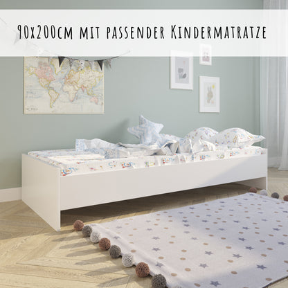 Kinderbett Jugendbett 90x200 cm weiß oder natur mit Matratze (optional) und Lattenrost, MDF-Holz, Gästebett "Made in Europe"