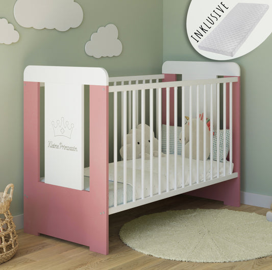 Lit bébé avec gravure ours en peluche, princesse ou prince 60x120 avec matelas (en option) réglable en hauteur | Barreaux amovibles blancs Fabriqué en Europe