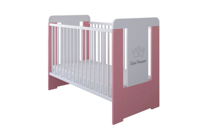 Babybett Gitterbett mit Teddybär, Prinzessin ode Prinz Gravur 60x120 mit Matratze (optional) höhenverstellbar | herausnehmbare Sprossen weiss Made in Europe