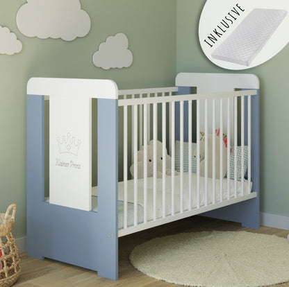 Lit bébé avec gravure ours en peluche, princesse ou prince 60x120 avec matelas (en option) réglable en hauteur | Barreaux amovibles blancs Fabriqué en Europe