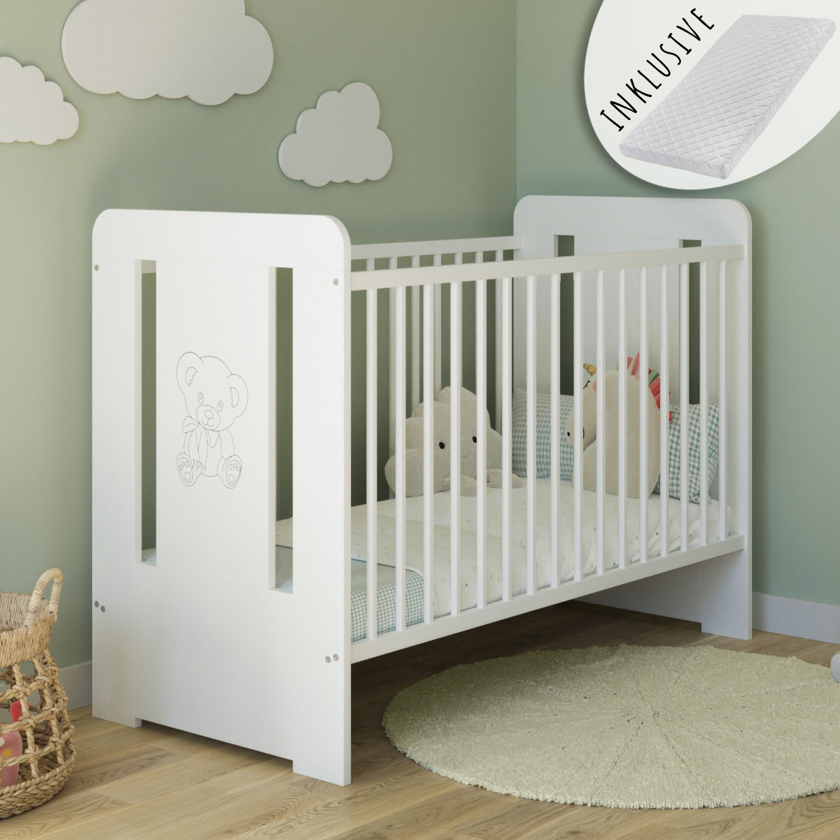 Lit bébé avec gravure ours en peluche, princesse ou prince 60x120 avec matelas (en option) réglable en hauteur | Barreaux amovibles blancs Fabriqué en Europe