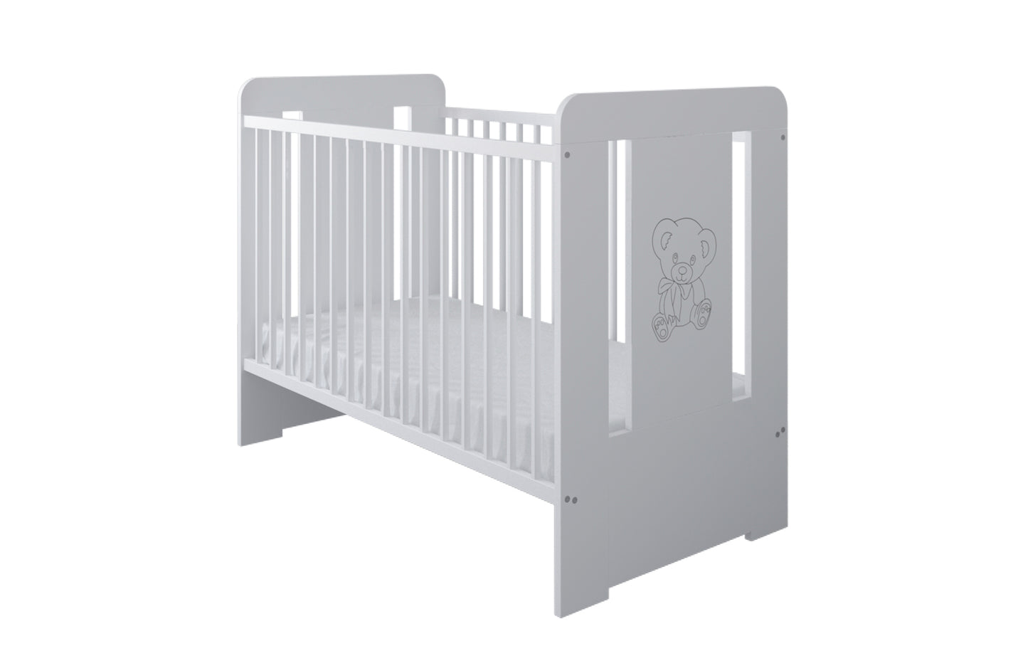 Babybett Gitterbett mit Teddybär, Prinzessin ode Prinz Gravur 60x120 mit Matratze (optional) höhenverstellbar | herausnehmbare Sprossen weiss Made in Europe