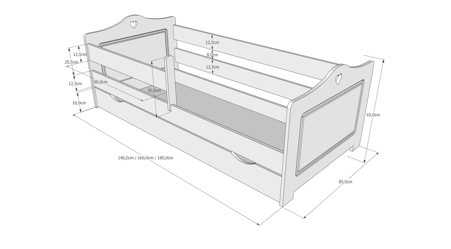 Lit enfant 80x160 | 80x180 | 90x200 cm avec matelas, protection antichute, tiroir et sommier à lattes en coeur de lit fille blanc ou blanc-rose