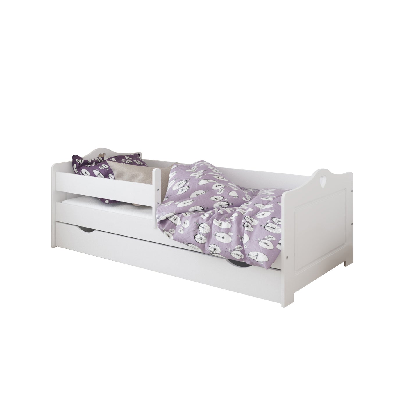 Lit enfant 80x160 | 80x180 | 90x200 cm avec matelas, protection antichute, tiroir et sommier à lattes en coeur de lit fille blanc ou blanc-rose