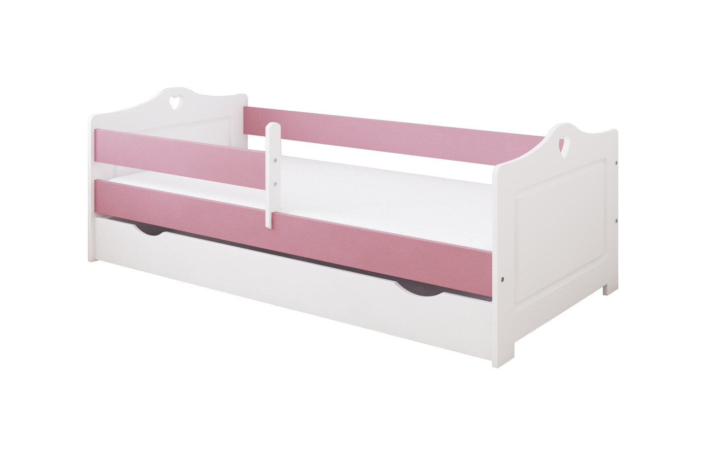 Lit enfant 80x160 | 80x180 | 90x200 cm avec matelas, protection antichute, tiroir et sommier à lattes en coeur de lit fille blanc ou blanc-rose