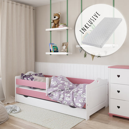 Kinderbett 80x160 | 80x180 | 90x200 cm mit Matratze, Rausfallschutz, Schublade & Lattenrost in weiß oder weiß-pink Mädchen Bett Herz