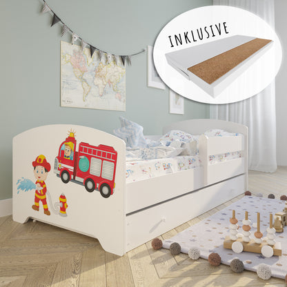 Lit enfant 70x140 | 80x160 cm avec matelas et tiroir, protection antichute &amp; sommier à lattes en blanc et avec motifs (pompiers, police, princesse, dinosaure...) pour garçons et filles