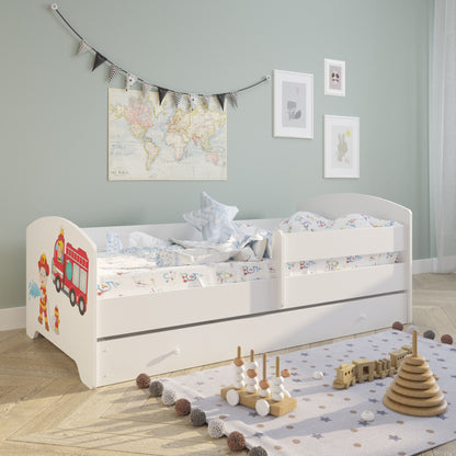 Lit enfant 70x140 | 80x160 cm avec matelas et tiroir, protection antichute &amp; sommier à lattes en blanc et avec motifs (pompiers, police, princesse, dinosaure...) pour garçons et filles