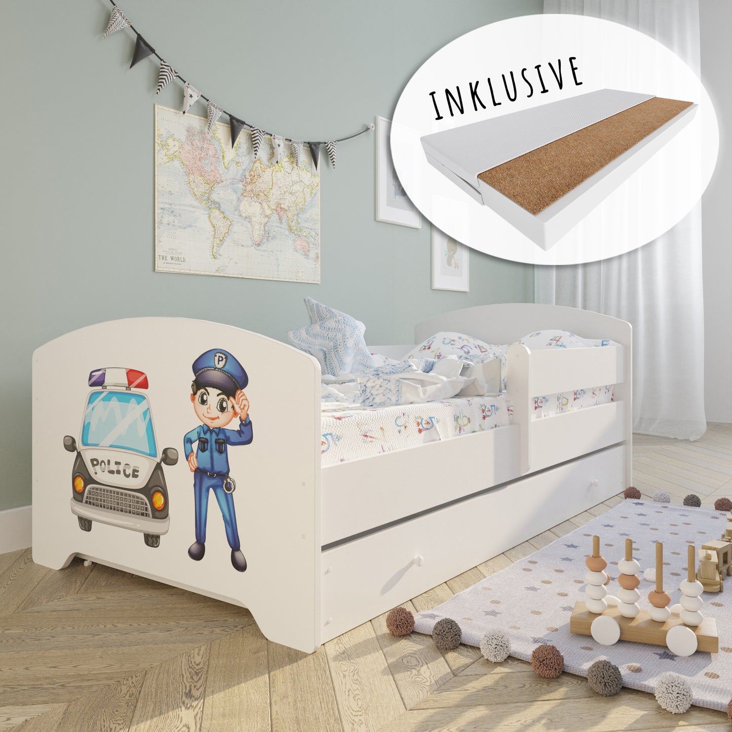 Lit enfant 70x140 | 80x160 cm avec matelas et tiroir, protection antichute &amp; sommier à lattes en blanc et avec motifs (pompiers, police, princesse, dinosaure...) pour garçons et filles