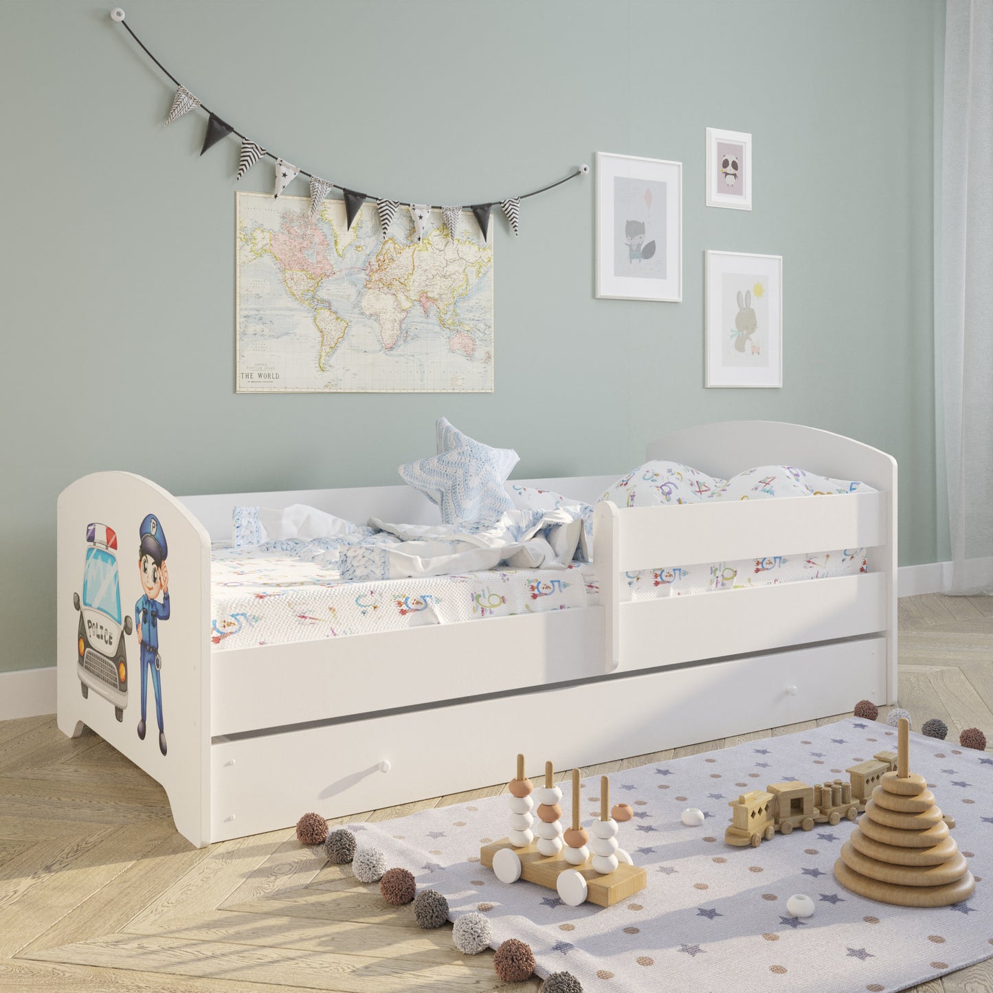 Lit enfant 70x140 | 80x160 cm avec matelas et tiroir, protection antichute &amp; sommier à lattes en blanc et avec motifs (pompiers, police, princesse, dinosaure...) pour garçons et filles