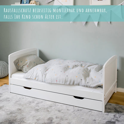 Lit enfant 140x70 cm avec matelas (en option), sommier à lattes, tiroir et protection antichute en bois massif blanc - 70 x 140 taille parfaite après lit bébé