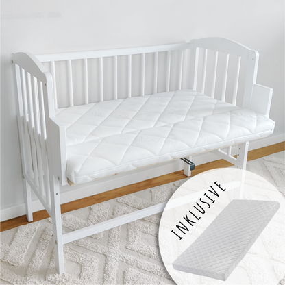 Lit d'appoint pour lit bébé 90x40 cm avec matelas, convertible en 90x55 cm, hauteur de couchage réglable 9 fois, peut également être utilisé comme transat pour bébé, bois de pin massif blanc