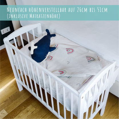 Lit d'appoint pour lit bébé 90x40 cm avec matelas, convertible en 90x55 cm, hauteur de couchage réglable 9 fois, peut également être utilisé comme transat pour bébé, bois de pin massif blanc