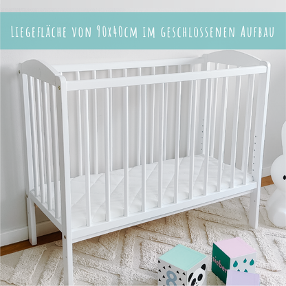 Lit d'appoint pour lit bébé 90x40 cm avec matelas, convertible en 90x55 cm, hauteur de couchage réglable 9 fois, peut également être utilisé comme transat pour bébé, bois de pin massif blanc