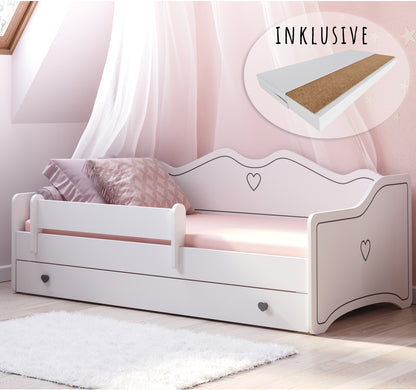 Lit enfant lit jeune fille 80x160 | 80x180 cm avec matelas antichute et tiroir | Canapé enfant princesse convertible en lit rose ou gris blanc