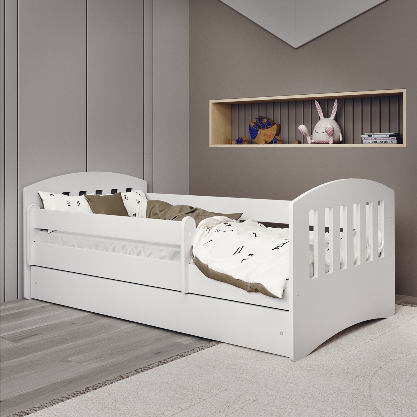 Lit enfant 80x160 | 80x180 cm avec matelas, protection antichute, sommier à lattes et tiroir en blanc, rose ou bleu lit fille garçon lit jeune