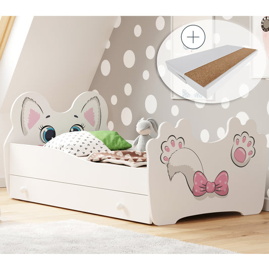 Kinderbett Jugendbett 70x140 | 80x160 cm mit Matratze, Schublade und Lattenrost, Katzen Motiv MDF-Holz Made in Europe