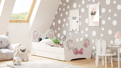 Kinderbett Jugendbett 70x140 | 80x160 cm mit Matratze, Schublade und Lattenrost, Katzen Motiv MDF-Holz Made in Europe