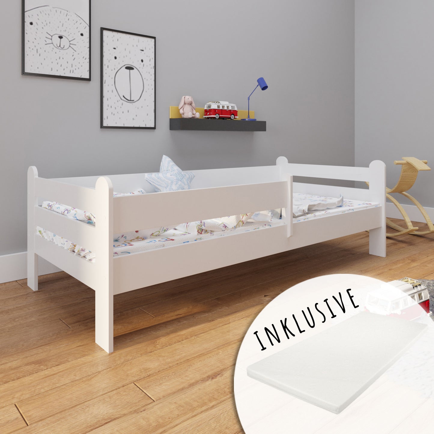 Lit enfant 80x160 | 80x180 | 90x200 cm avec matelas, protection antichute et sommier à lattes en blanc lit fille garçon lit jeune