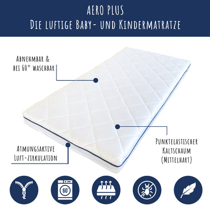 Matelas enfant "AERO PLUS avec bandes d'aération" hauteur 10 cm, matelas bébé 60x120 I 70x140 I 80x160 I 80x180 I 90x200 matelas pour lit bébé ou lit enfant, poids corporel jusqu'à 60kg