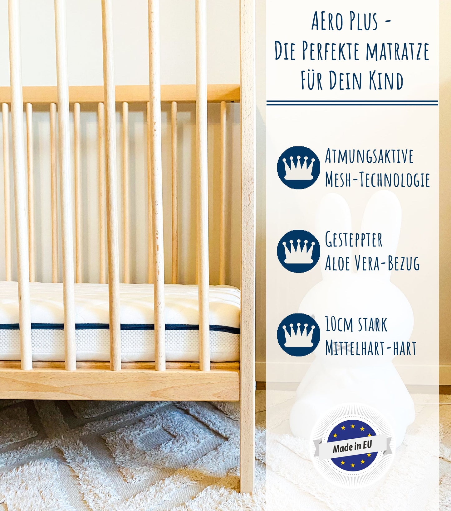 Matelas enfant "AERO PLUS avec bandes d'aération" hauteur 10 cm, matelas bébé 60x120 I 70x140 I 80x160 I 80x180 I 90x200 matelas pour lit bébé ou lit enfant, poids corporel jusqu'à 60kg