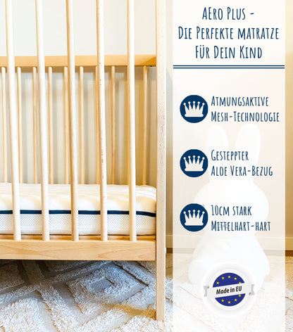 Matelas enfant "AERO PLUS avec bandes d'aération" hauteur 10 cm, matelas bébé 60x120 I 70x140 I 80x160 I 80x180 I 90x200 matelas pour lit bébé ou lit enfant, poids corporel jusqu'à 60kg