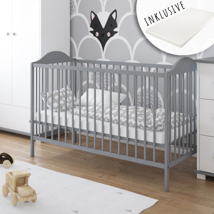 Lit bébé lit bébé 60x120 cm avec matelas (en option) réglable en hauteur | Barreaux à échelons amovibles blancs, gris ou naturels Fabriqué en Europe