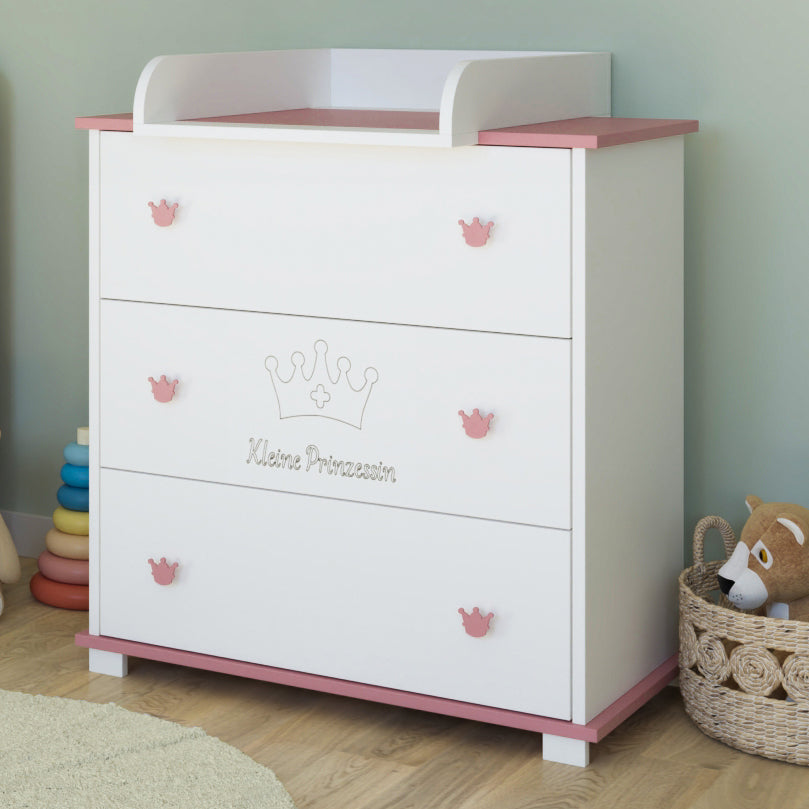 Table à langer commode table à langer avec accessoire à langer avec 3 tiroirs et gravure Petite Princesse en blanc rose filles Fabriqué en Europe