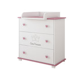 Wickelkommode Kommode Wickeltisch mit Wickelaufsatz mit 3 Schubladen und Kleine Prinzessin Gravur in weiss pink Mädchen Made in Europe