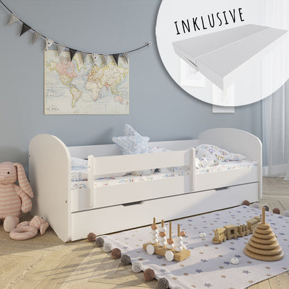 Lit enfant 70x140 | 80x160 | 80x180 cm avec matelas, tiroir (en option), protection antichute &amp; sommier à lattes en lit garçon fille blanc, rose, gris ou naturel