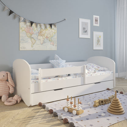 Lit enfant 70x140 | 80x160 | 80x180 cm avec matelas, tiroir (en option), protection antichute &amp; sommier à lattes en lit garçon fille blanc, rose, gris ou naturel