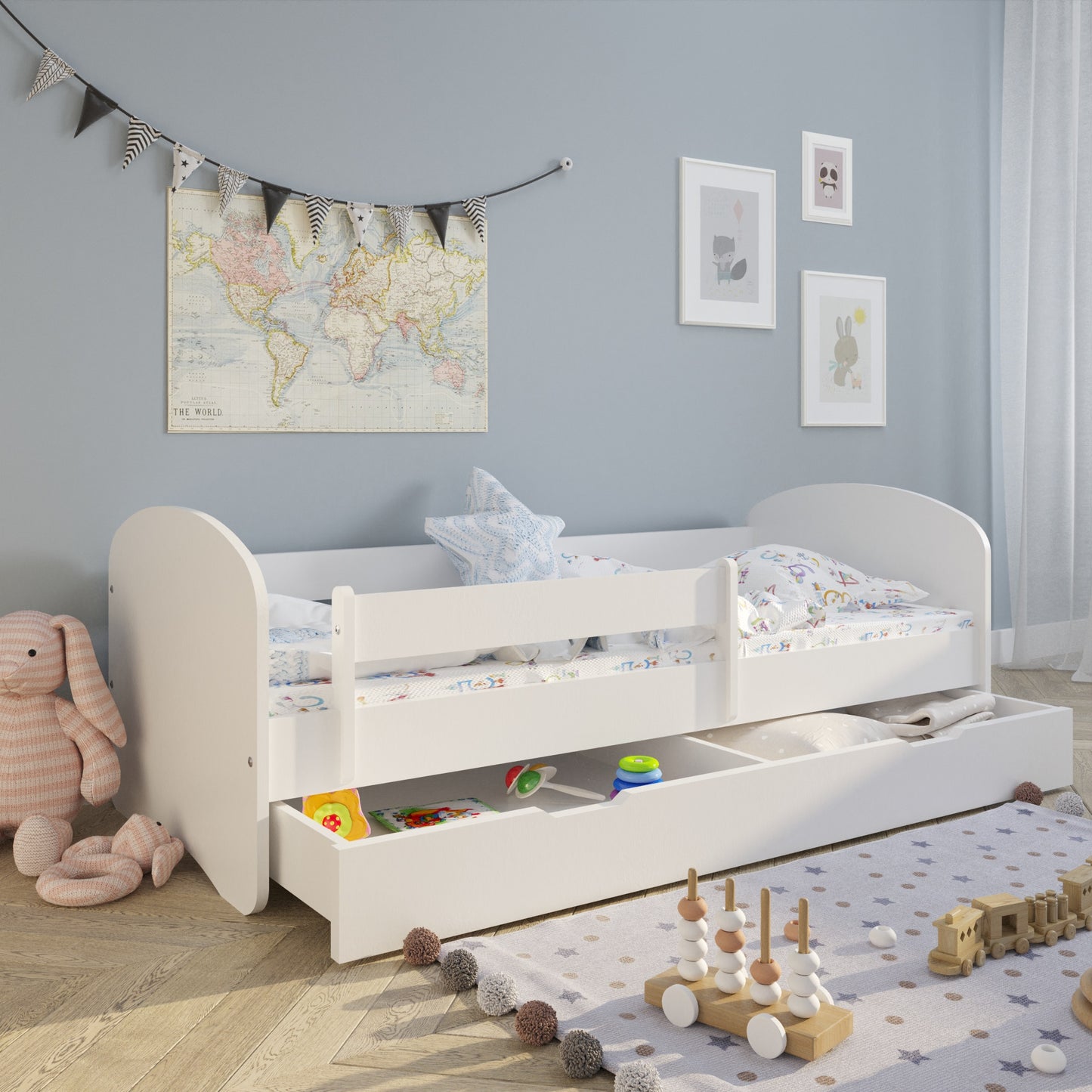 Lit enfant 70x140 | 80x160 | 80x180 cm avec matelas, tiroir (en option), protection antichute &amp; sommier à lattes en lit garçon fille blanc, rose, gris ou naturel