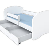 Lit enfant 70x140 | 80x160 | 80x180 cm avec matelas, tiroir (en option), protection antichute &amp; sommier à lattes en lit garçon fille blanc, rose, gris ou naturel