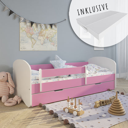 Lit enfant 70x140 | 80x160 | 80x180 cm avec matelas, tiroir (en option), protection antichute &amp; sommier à lattes en lit garçon fille blanc, rose, gris ou naturel