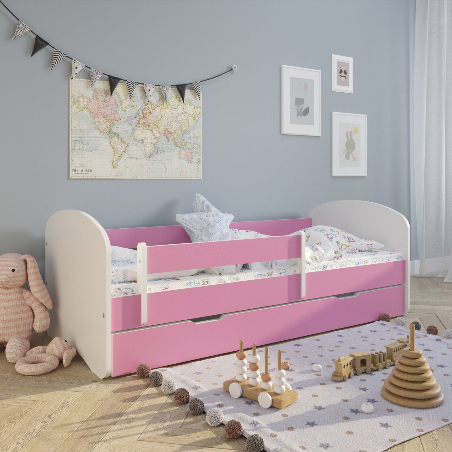 Lit enfant 70x140 | 80x160 | 80x180 cm avec matelas, tiroir (en option), protection antichute &amp; sommier à lattes en lit garçon fille blanc, rose, gris ou naturel