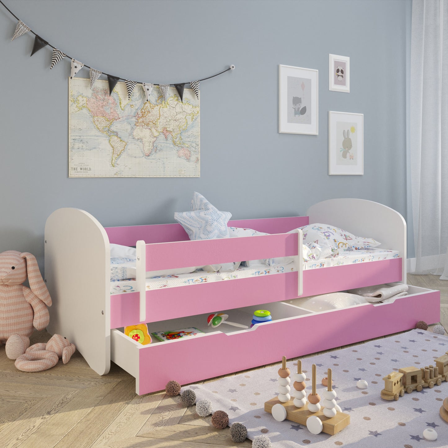 Lit enfant 70x140 | 80x160 | 80x180 cm avec matelas, tiroir (en option), protection antichute &amp; sommier à lattes en lit garçon fille blanc, rose, gris ou naturel