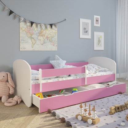 Kinderbett 70x140 | 80x160 | 80x180 cm mit Matratze, Schublade (optional), Rausfallschutz & Lattenrost in weiß, pink, grau oder natur Mädchen Jungen Bett