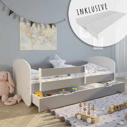 Lit enfant 70x140 | 80x160 | 80x180 cm avec matelas, tiroir (en option), protection antichute &amp; sommier à lattes en lit garçon fille blanc, rose, gris ou naturel