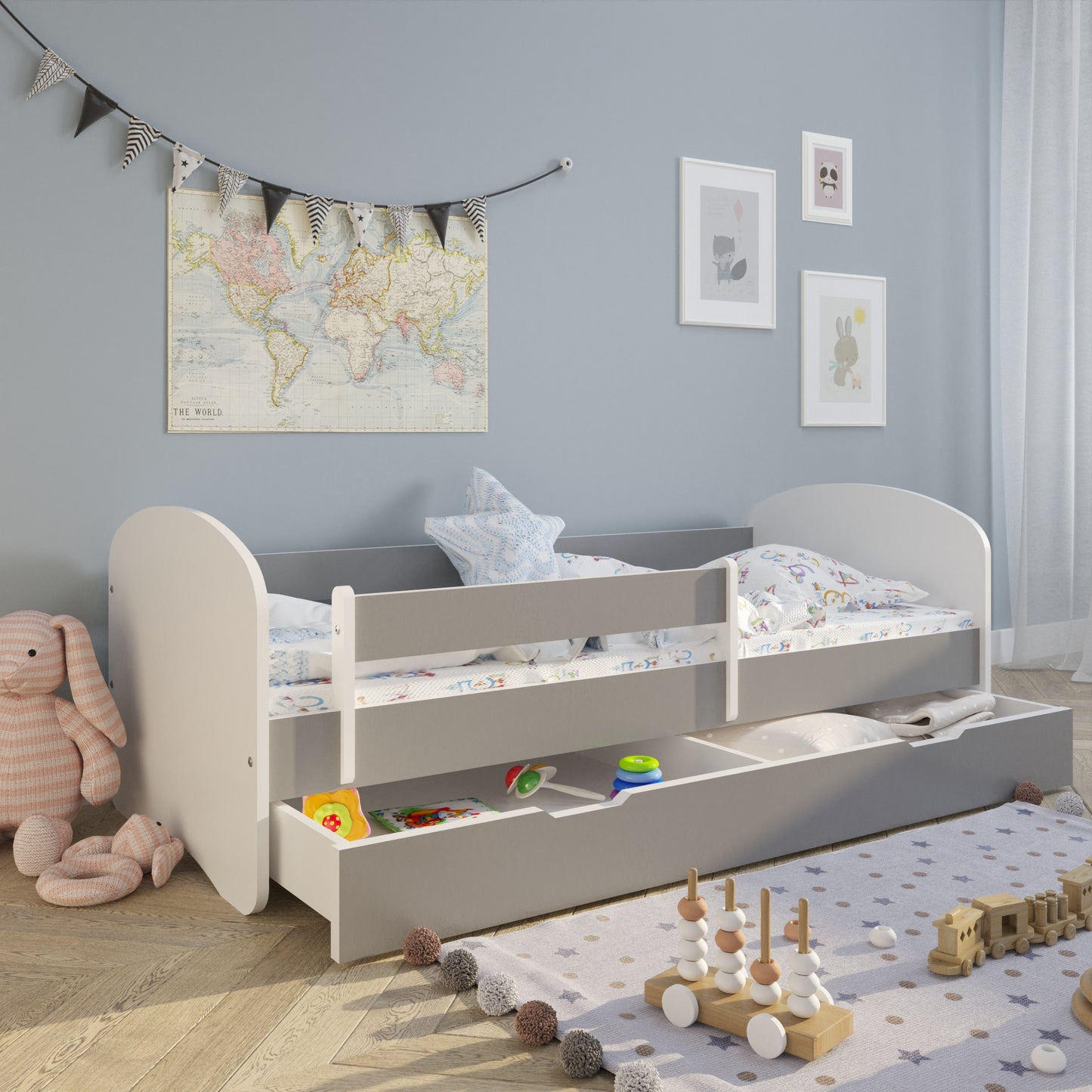 Lit enfant 70x140 | 80x160 | 80x180 cm avec matelas, tiroir (en option), protection antichute &amp; sommier à lattes en lit garçon fille blanc, rose, gris ou naturel