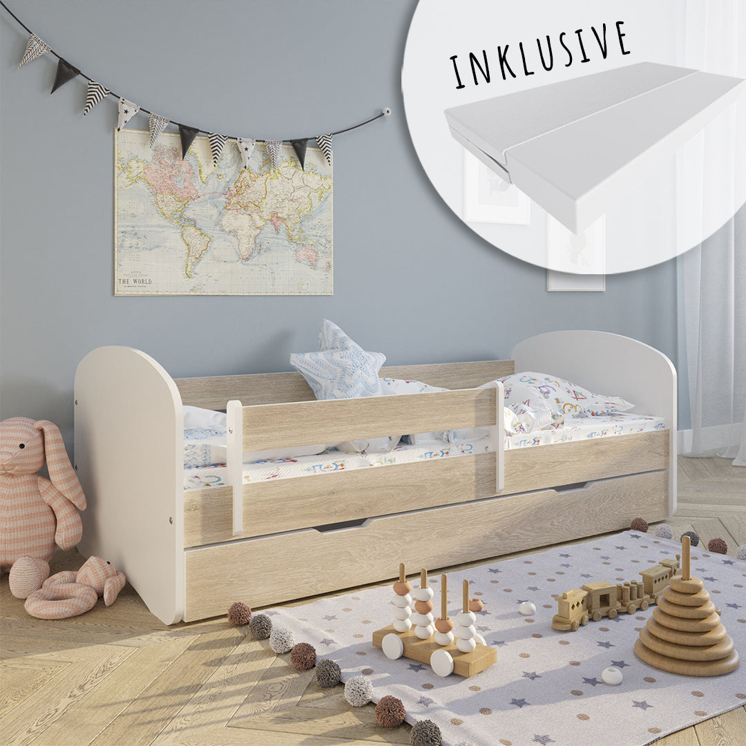 Lit enfant 70x140 | 80x160 | 80x180 cm avec matelas, tiroir (en option), protection antichute &amp; sommier à lattes en lit garçon fille blanc, rose, gris ou naturel