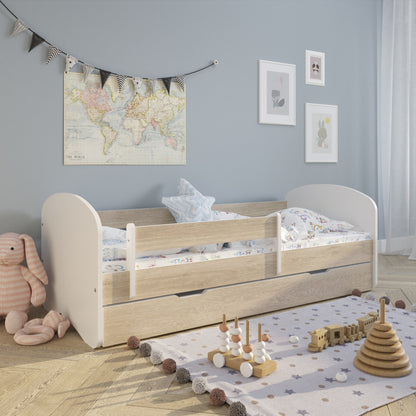 Lit enfant 70x140 | 80x160 | 80x180 cm avec matelas, tiroir (en option), protection antichute &amp; sommier à lattes en lit garçon fille blanc, rose, gris ou naturel