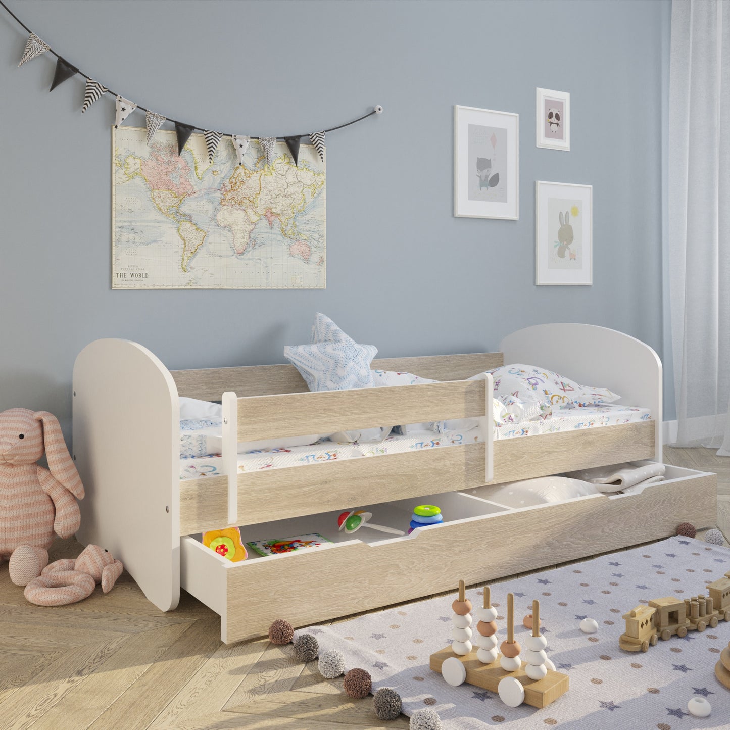 Lit enfant 70x140 | 80x160 | 80x180 cm avec matelas, tiroir (en option), protection antichute &amp; sommier à lattes en lit garçon fille blanc, rose, gris ou naturel