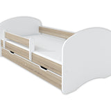 Lit enfant 70x140 | 80x160 | 80x180 cm avec matelas, tiroir (en option), protection antichute &amp; sommier à lattes en lit garçon fille blanc, rose, gris ou naturel