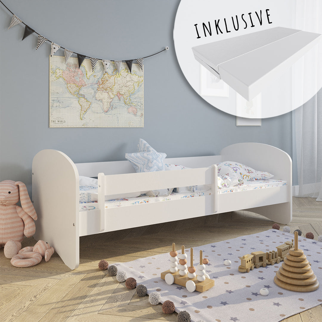 Lit enfant 70x140 | 80x160 | 80x180 cm avec matelas, tiroir (en option), protection antichute &amp; sommier à lattes en lit garçon fille blanc, rose, gris ou naturel